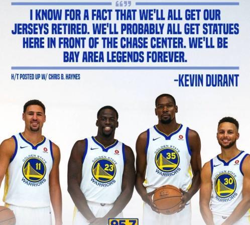 杜兰特亲口公开最大愿望，勇士11号+23号+30号+35号球衣一起退役