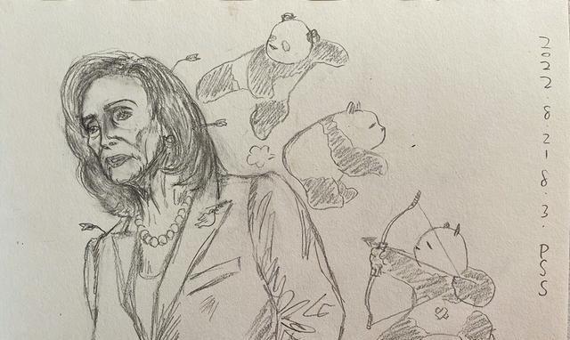 潘粤明手绘漫画谴责佩洛西，称其打扰了世界和平，这种人无耻至极