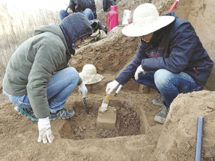 科研人员发现一件石器,正用刷子清洁其表面。该石器埋藏在第28层黄土中,年代为212万年